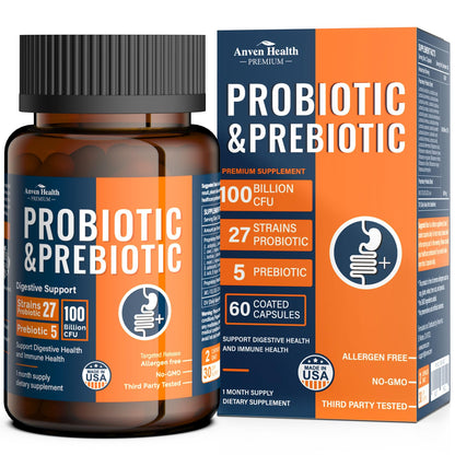 Anven Health 100B Probiotics – 27 Strains, 5 Prebiotics, 60 Caps | Made in USA