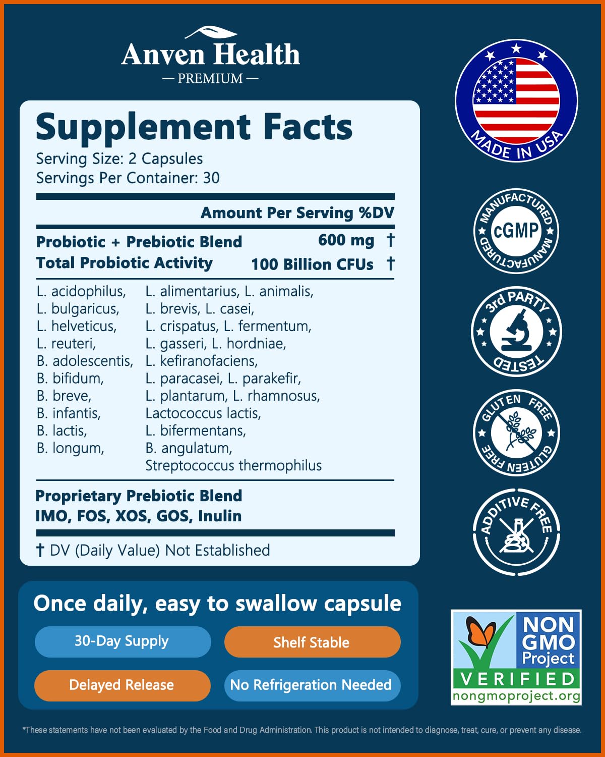 Anven Health 100B Probiotics – 27 Strains, 5 Prebiotics, 60 Caps | Made in USA
