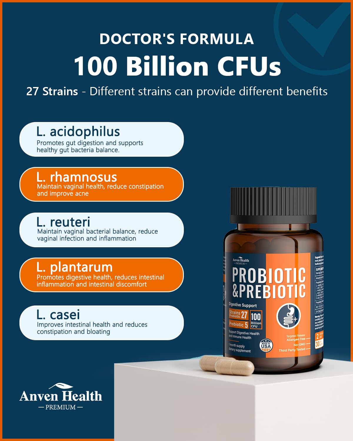 Anven Health 100B Probiotics – 27 Strains, 5 Prebiotics, 60 Caps | Made in USA