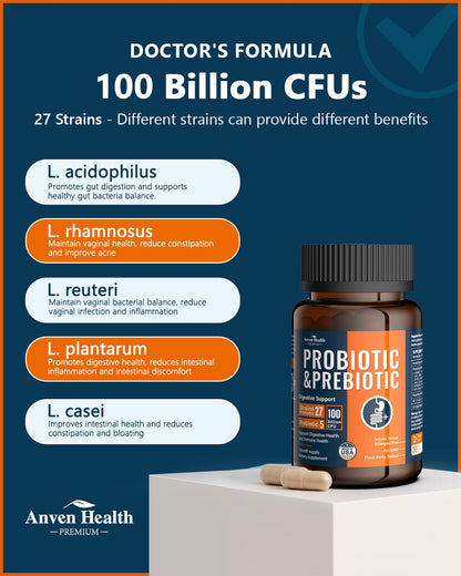 Anven Health 100B Probiotics – 27 Strains, 5 Prebiotics, 60 Caps | Made in USA