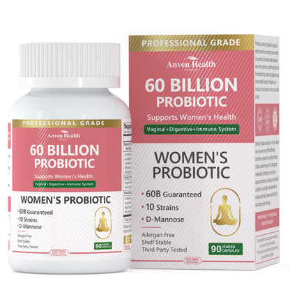Anven Health Probiotics & Organic Prebiotics for Women – 60 Billion CFU Vaginal Probiotics, Cranberry & D-Mannose | pH Balance & Urinary Health | 90 Caps