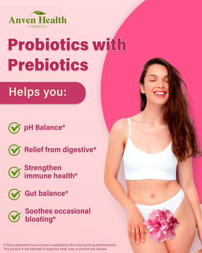 Anven Health Probiotics & Organic Prebiotics for Women – 60 Billion CFU Vaginal Probiotics, Cranberry & D-Mannose | pH Balance & Urinary Health | 90 Caps