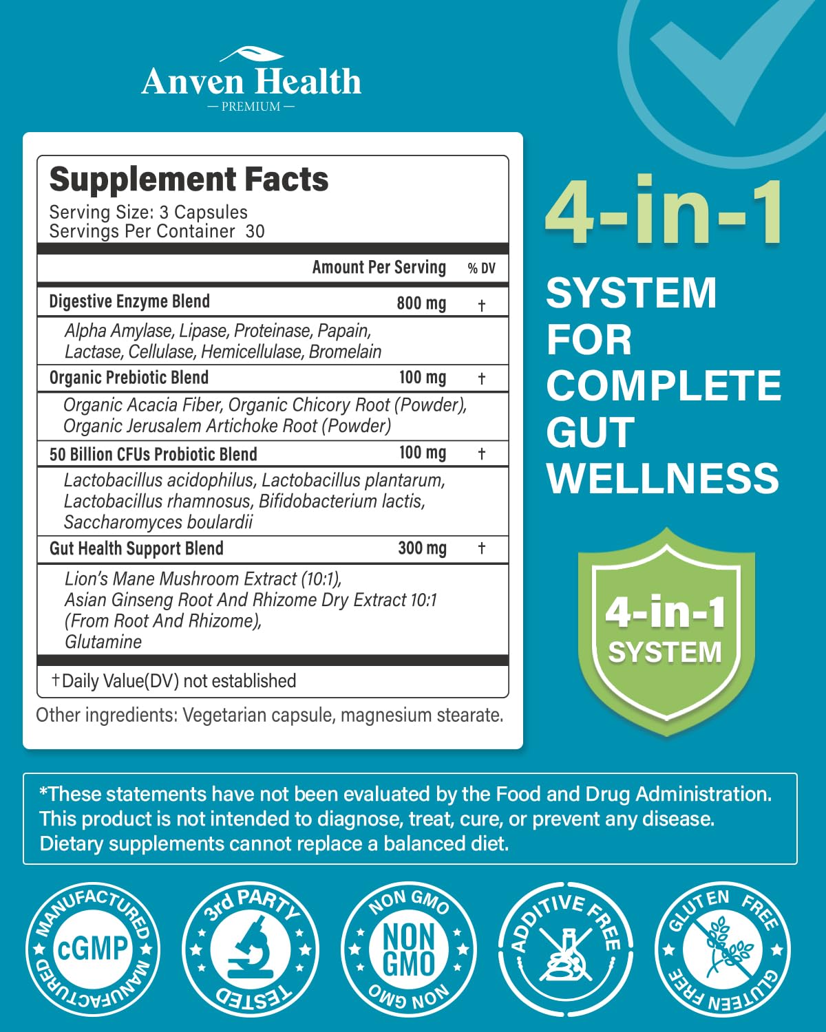 Anven Health 800mg Digestive Enzymes with Probiotics & Prebiotics – 270 Capsules (90-Day, Non-GMO)