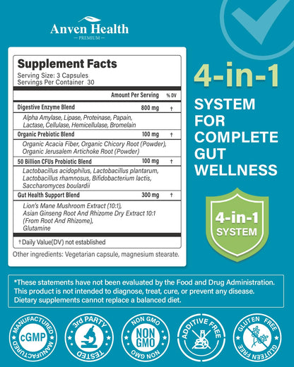 Anven Health 800mg Digestive Enzymes with Probiotics & Prebiotics – 270 Capsules (90-Day, Non-GMO)