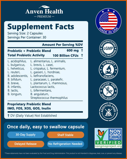 Anven Health 100 Billion Probiotics for Gut, Digestive & Immune Health – 27 Strains + 5 Organic Prebiotics | Made in USA | 180 Caps