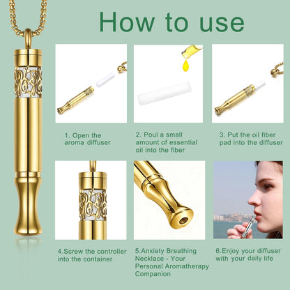 Anxiety Relief Pendant - Mindfulness Breathing Necklace & Essential Oil Diffuser (Gold)