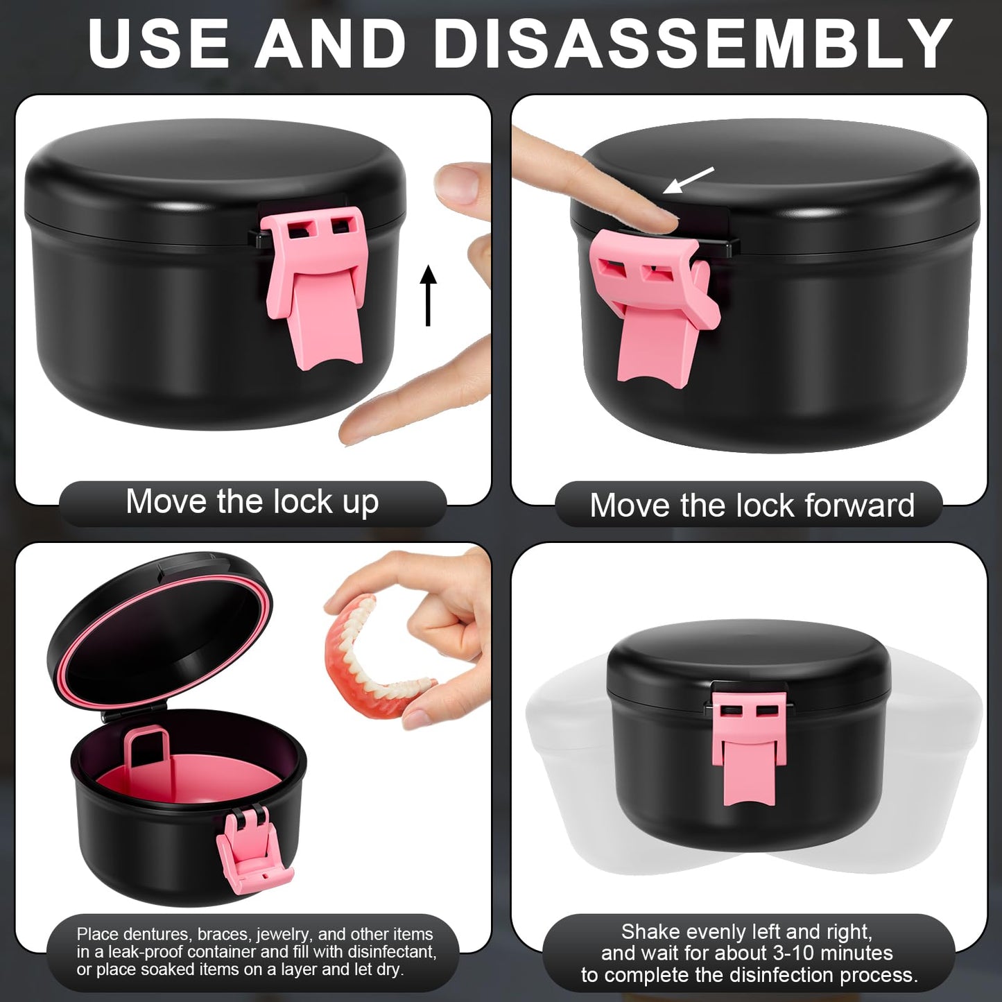 ANYLEY Denture Cup – Leak-Proof Travel Denture Bath Case (Black & Pink)