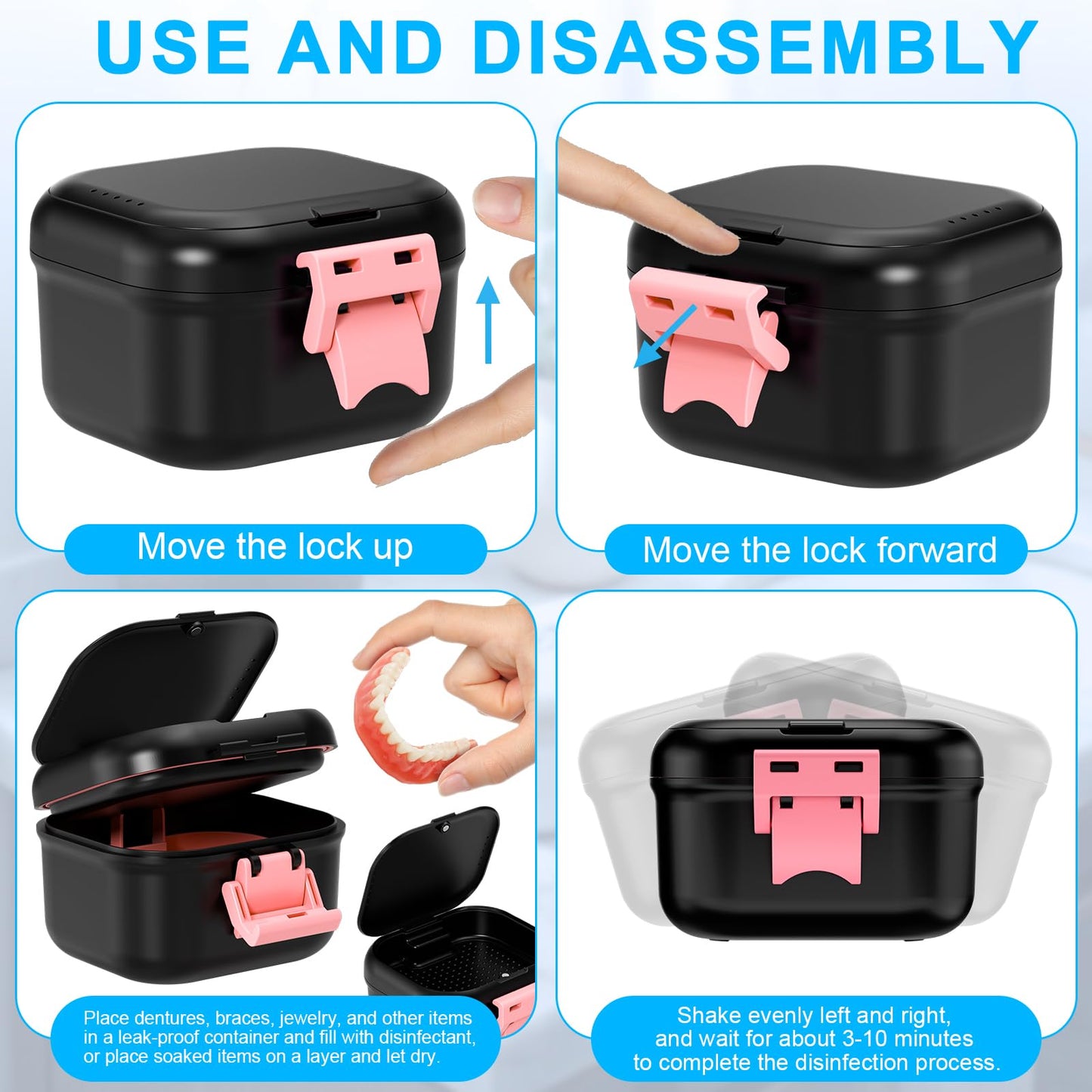ANYLEY Leak-Proof Denture Case – Travel Cup with Strainer (Black/Pink)