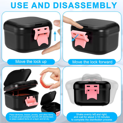 ANYLEY Leak-Proof Denture Case – Travel Cup with Strainer (Black/Pink)