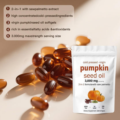 AOLBSPD Pumpkin Seed Oil Capsules with Saw Palmetto – 3000mg per Serving, 300 Softgels | Cold Pressed & Non-GMO