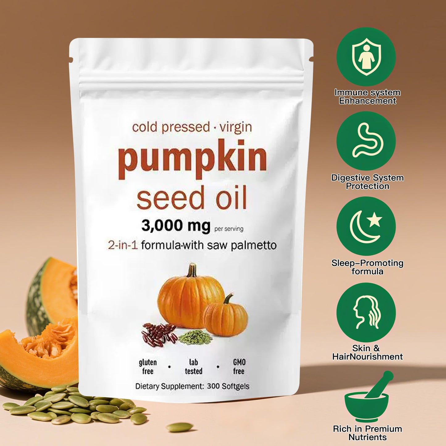 AOLBSPD Pumpkin Seed Oil Capsules with Saw Palmetto – 3000mg per Serving, 300 Softgels | Cold Pressed & Non-GMO