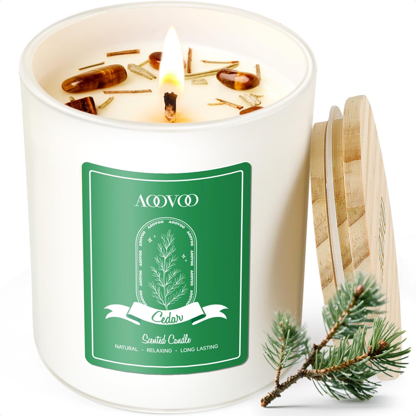 AOOVOO Cedar Scented Candles for Women – 10oz Soy Candle with Crystals Inside