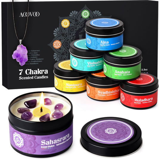 AOOVOO Chakra Candles with Healing Crystals - 7 Chakra Candle Set, Spiritual Gifts for Women, Aromatherapy Candle, Soy Candles Set for Medition