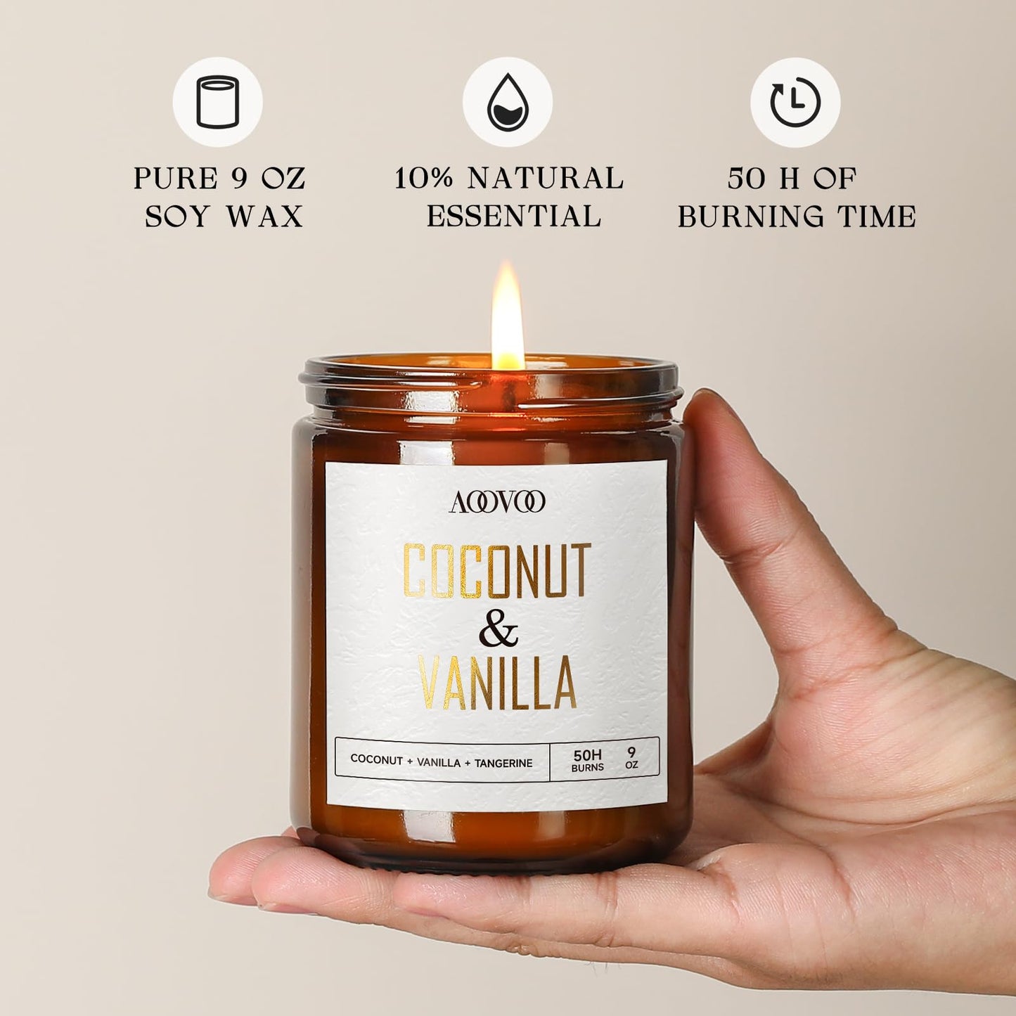 AOOVOO Coconut Vanilla Candles – 9 oz Soy Scented Candle for Home & Aromatherapy
