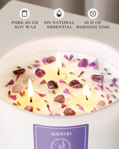 AOOVOO Lavender Scented Candles - 20oz 3-Wick Soy, Crystals Inside