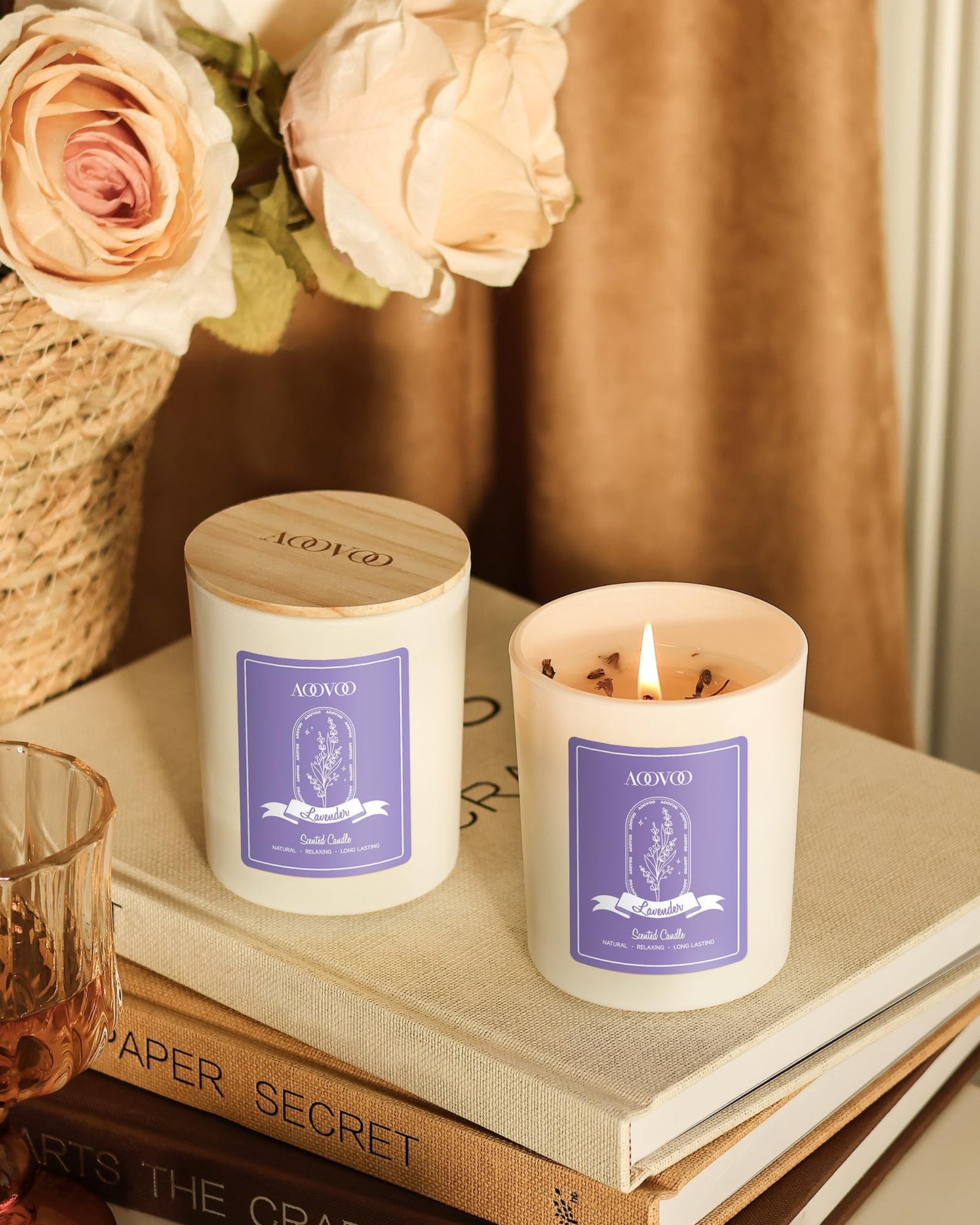 AOOVOO Lavender Candles Set - 4 Pack Aromatherapy Candles with Crystals Inside