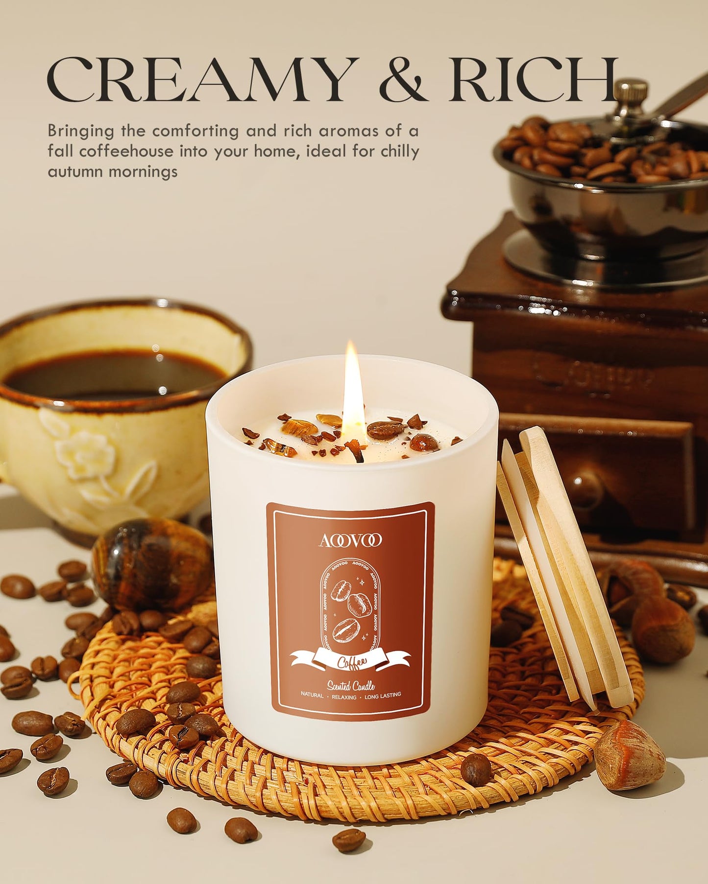 AOOVOO Macchiato Coffee Scented Candle – 10oz Soy with Crystals