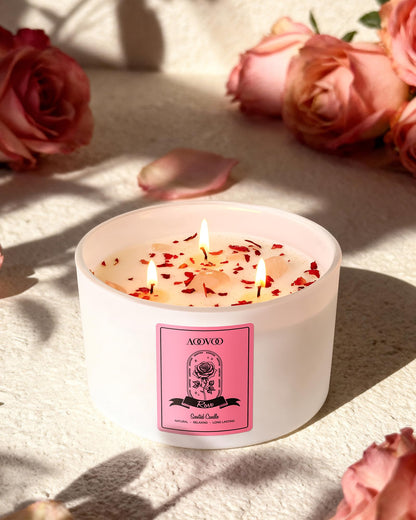 AOOVOO Rose Scented Candle – 20oz 3-Wick Soy Candle with Crystals | Aromatherapy Gift for Women
