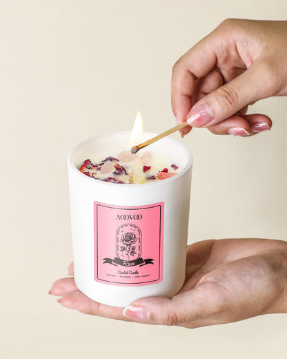 AOOVOO Rose Scented Candle for Women - 10oz Soy + Crystals Inside
