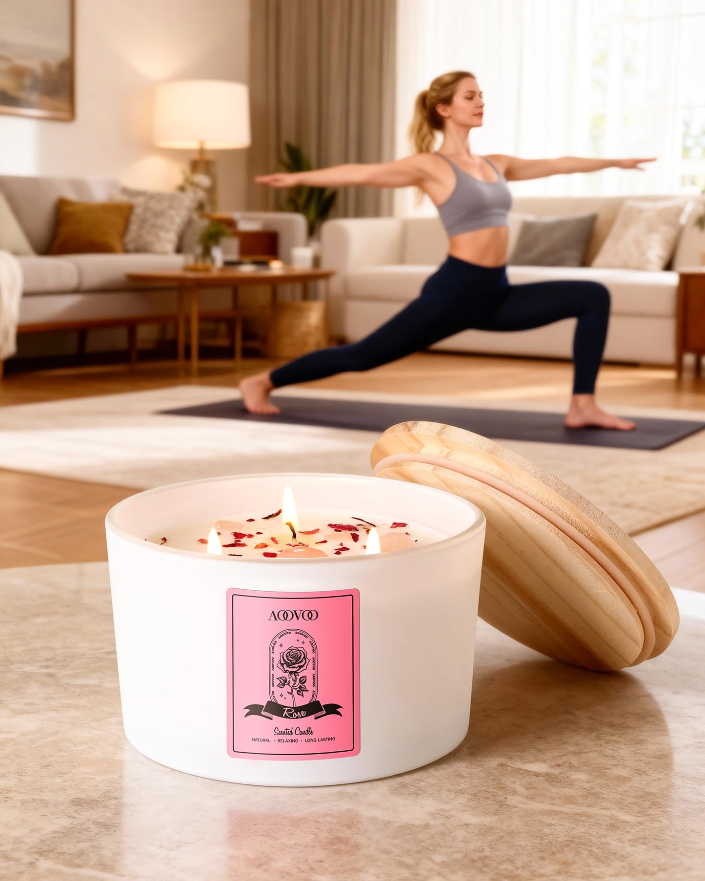 AOOVOO Rose Scented Candle – 20oz 3-Wick Soy Candle with Crystals | Aromatherapy Gift for Women