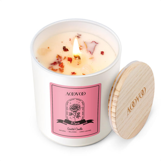 AOOVOO Rose Scented Candle for Women – 7oz Soy + Crystals Inside