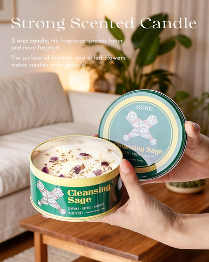 AOOVOO Sage Candle – 3-Wick 12oz Soy with Crystals & Sage Leaves for Cleansing