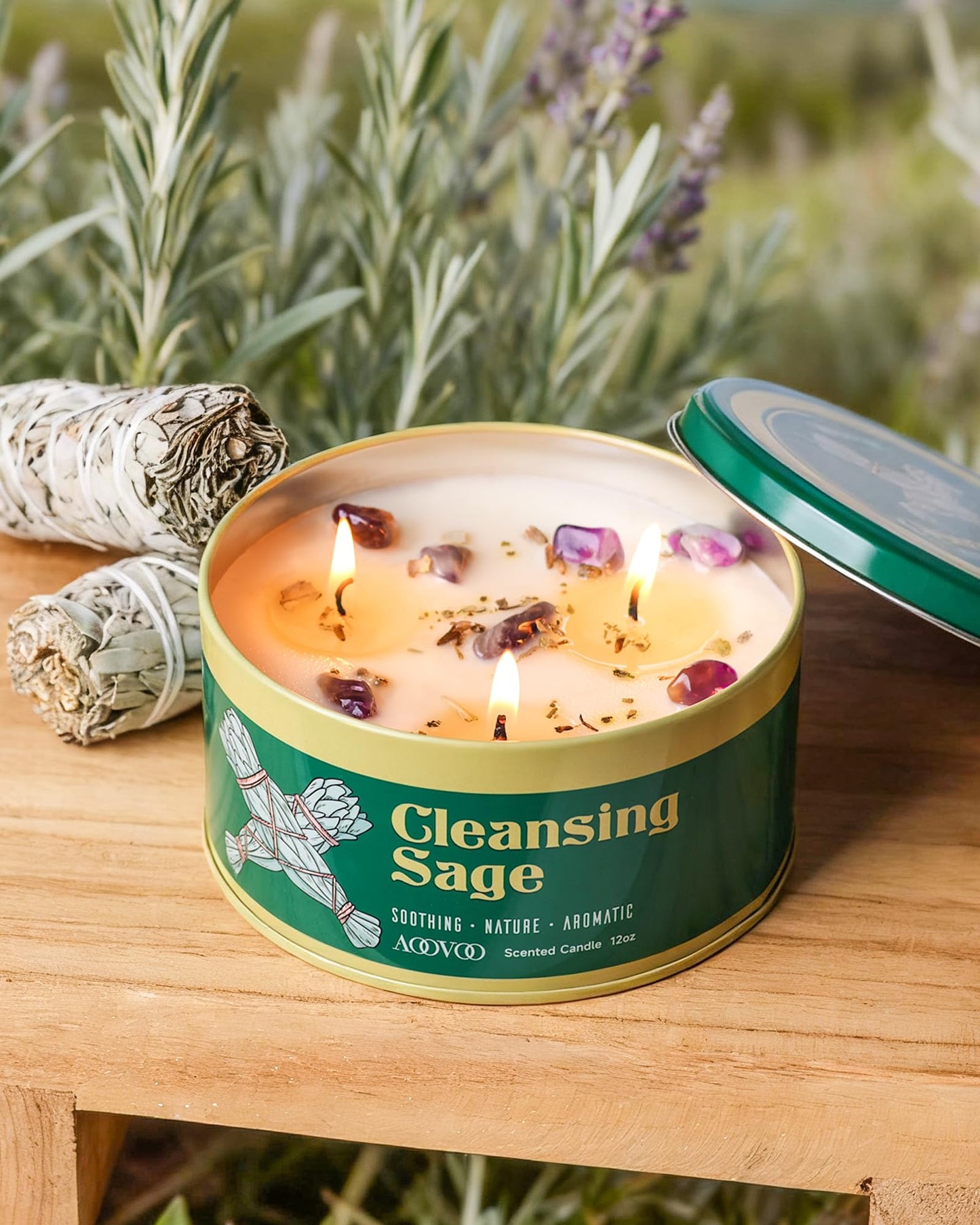 AOOVOO Sage Candle – 3-Wick 12oz Soy with Crystals & Sage Leaves for Cleansing