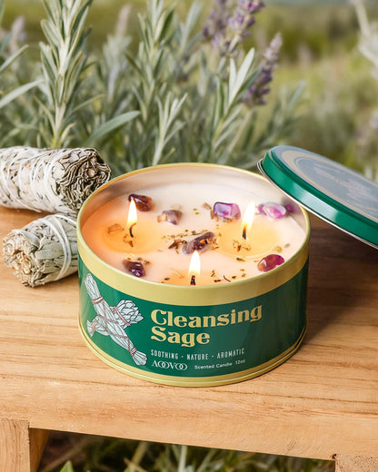 AOOVOO 2 Pack Sage Candle for Cleansing – 3 Wick 24oz Large Soy Candles with Crystals & Sage Leaves Inside, Non Toxic for Meditation & Aromatherapy