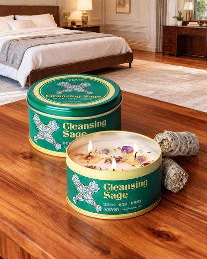 AOOVOO 2 Pack Sage Candle for Cleansing – 3 Wick 24oz Large Soy Candles with Crystals & Sage Leaves Inside, Non Toxic for Meditation & Aromatherapy