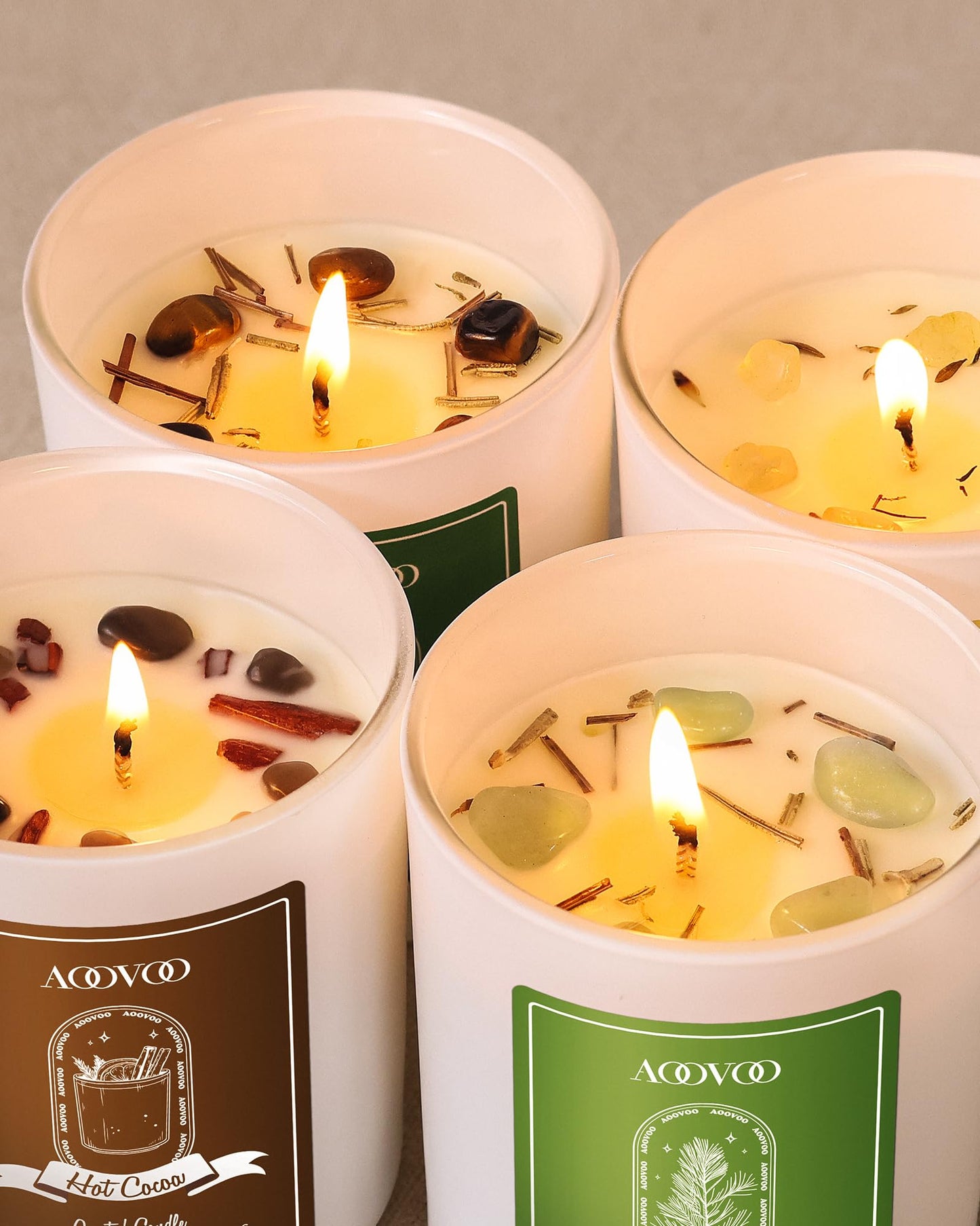 AOOVOO Winter Candles Set for Women – 4-Pack, 28 oz Total, Crystals & Dry Flowers, Cedarwood, Fir, Hot Cocoa, Vanilla Cake