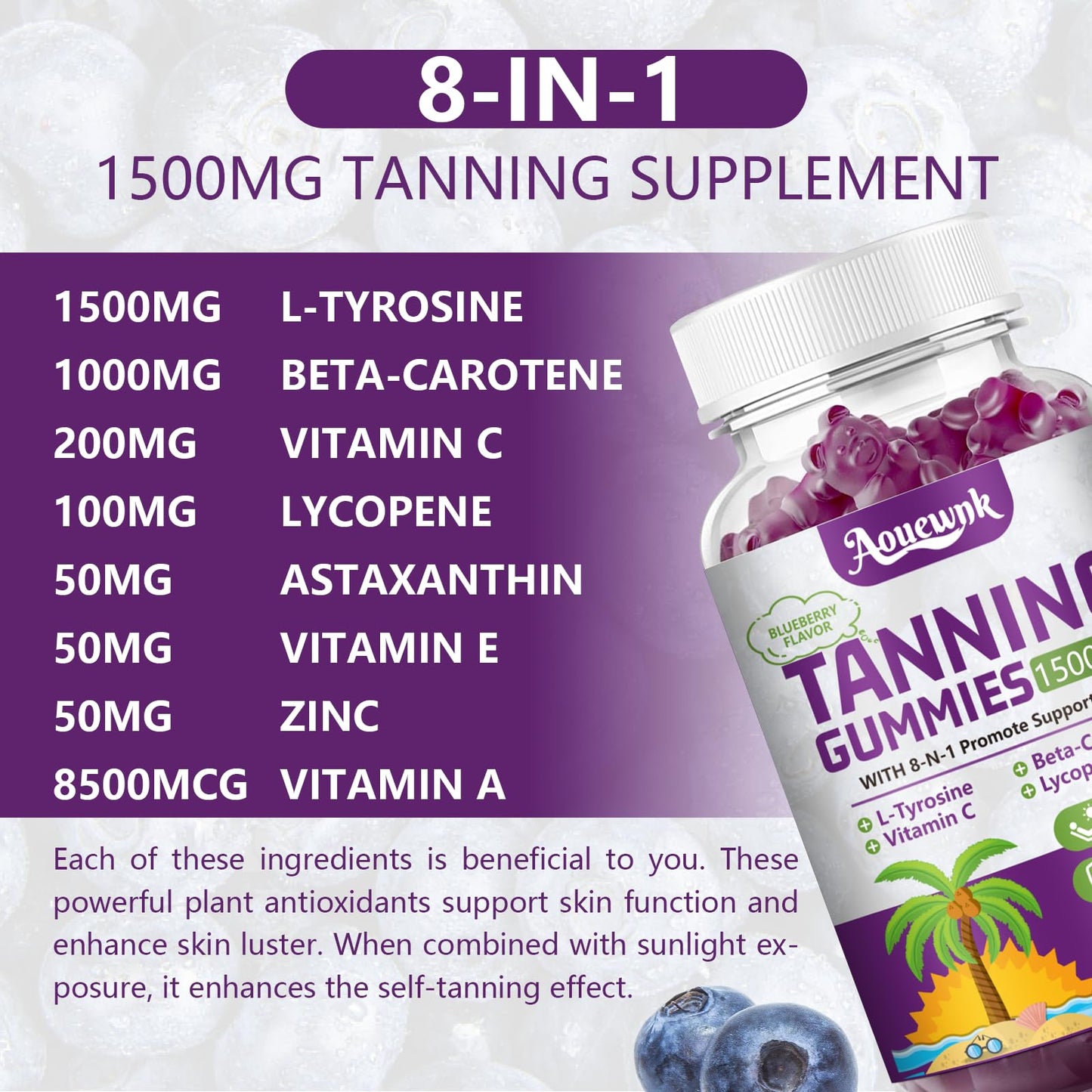 2 Packs 1500MG Tanning Gummies – Daily Tanning Supplement for Adults (Women & Men) | Aouewnk