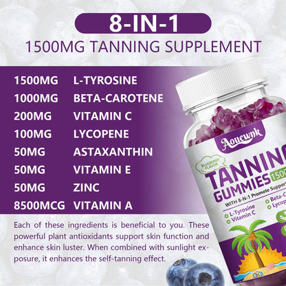 2 Packs 1500MG Tanning Gummies – Daily Tanning Supplement for Adults (Women & Men) | Aouewnk