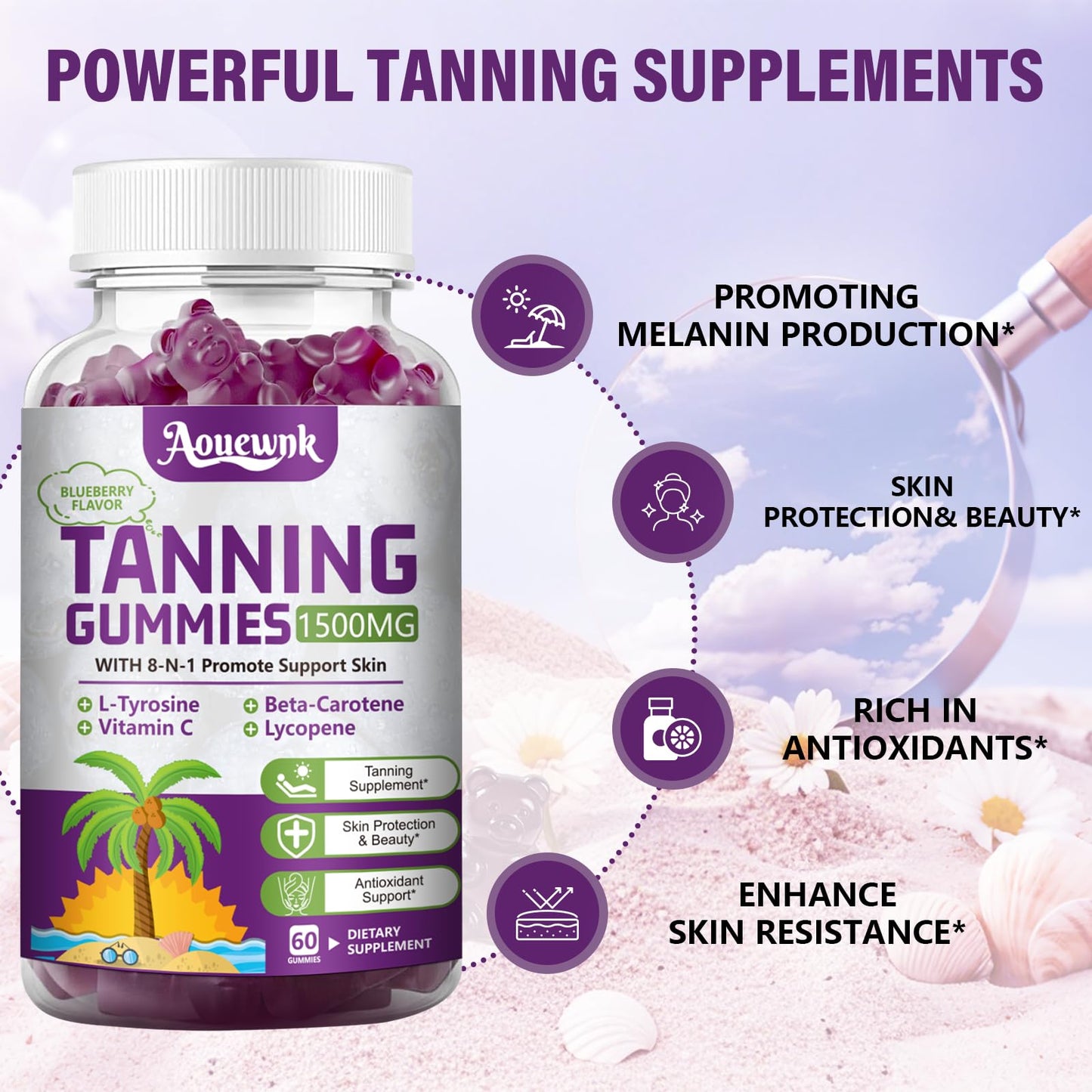 2 Packs 1500MG Tanning Gummies – Daily Tanning Supplement for Adults (Women & Men) | Aouewnk