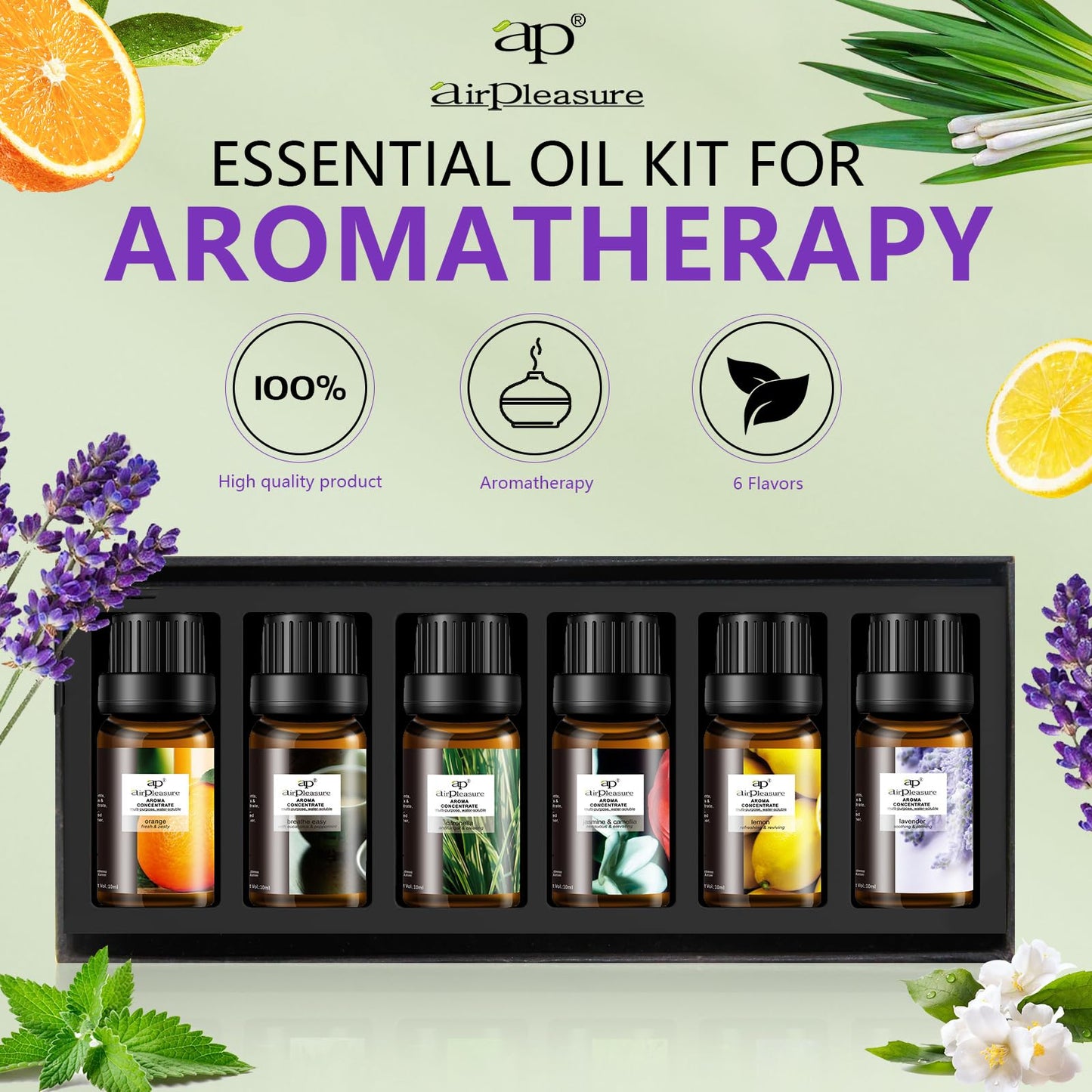 ap airpleasure Refresh Essential Oils Set — 6x10ml for Diffuser, Humidifier & Aromatherapy
