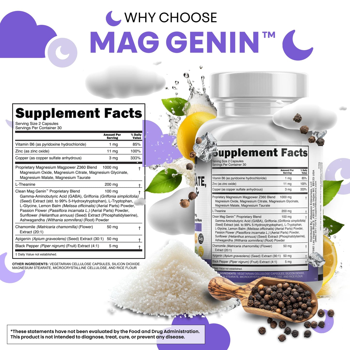 Magnesium Glycinate Complex 1000mg with L-Theanine & Apigenin – 60 Count | Clean Nutraceuticals