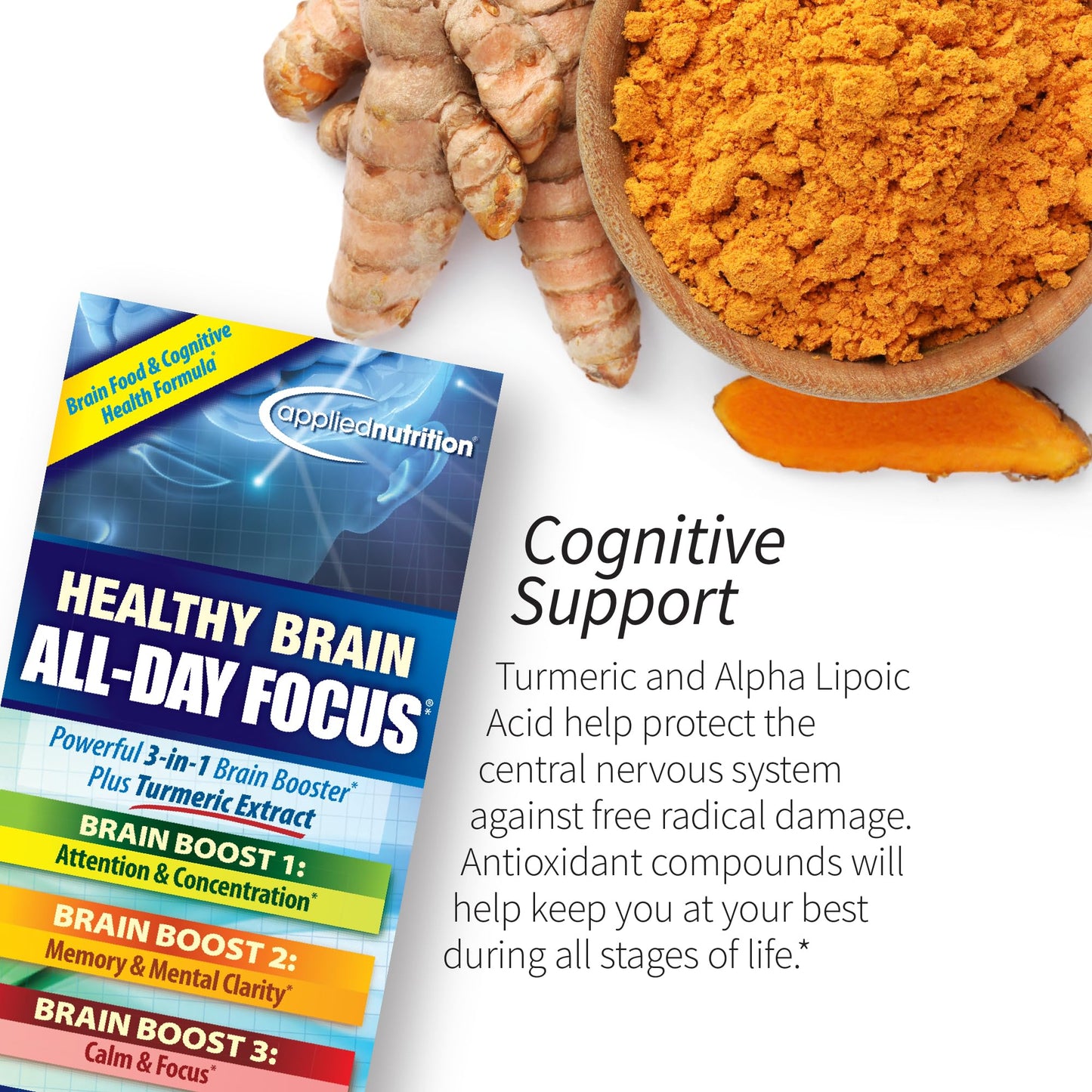 Applied Nutrition Healthy Brain All-Day Focus – 50 Tablets Pack of 2 | 3-in-1 Brain Booster with Turmeric