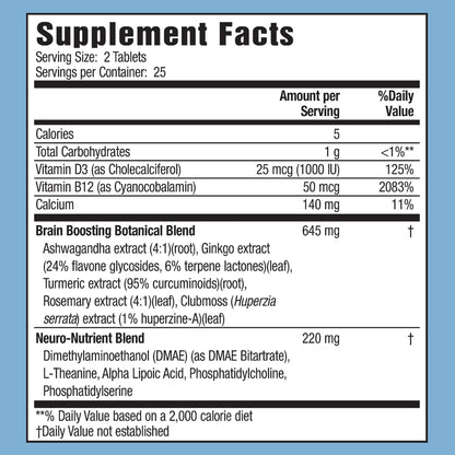 Applied Nutrition Healthy Brain All-Day Focus - 50 Tablets - 3-in-1 Brain Booster with Turmeric