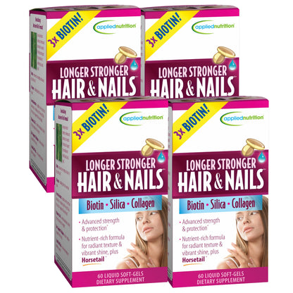 Applied Nutrition Longer Stronger Hair & Nails – 60 Liquid Soft-Gels per Bottle, Pack of 4, 120 Servings