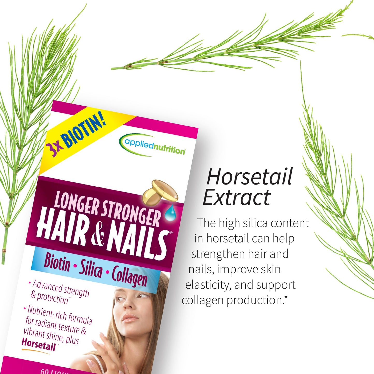 Applied Nutrition Longer Stronger Hair & Nails – 60 Liquid Soft-Gels per Bottle, Pack of 4, 120 Servings