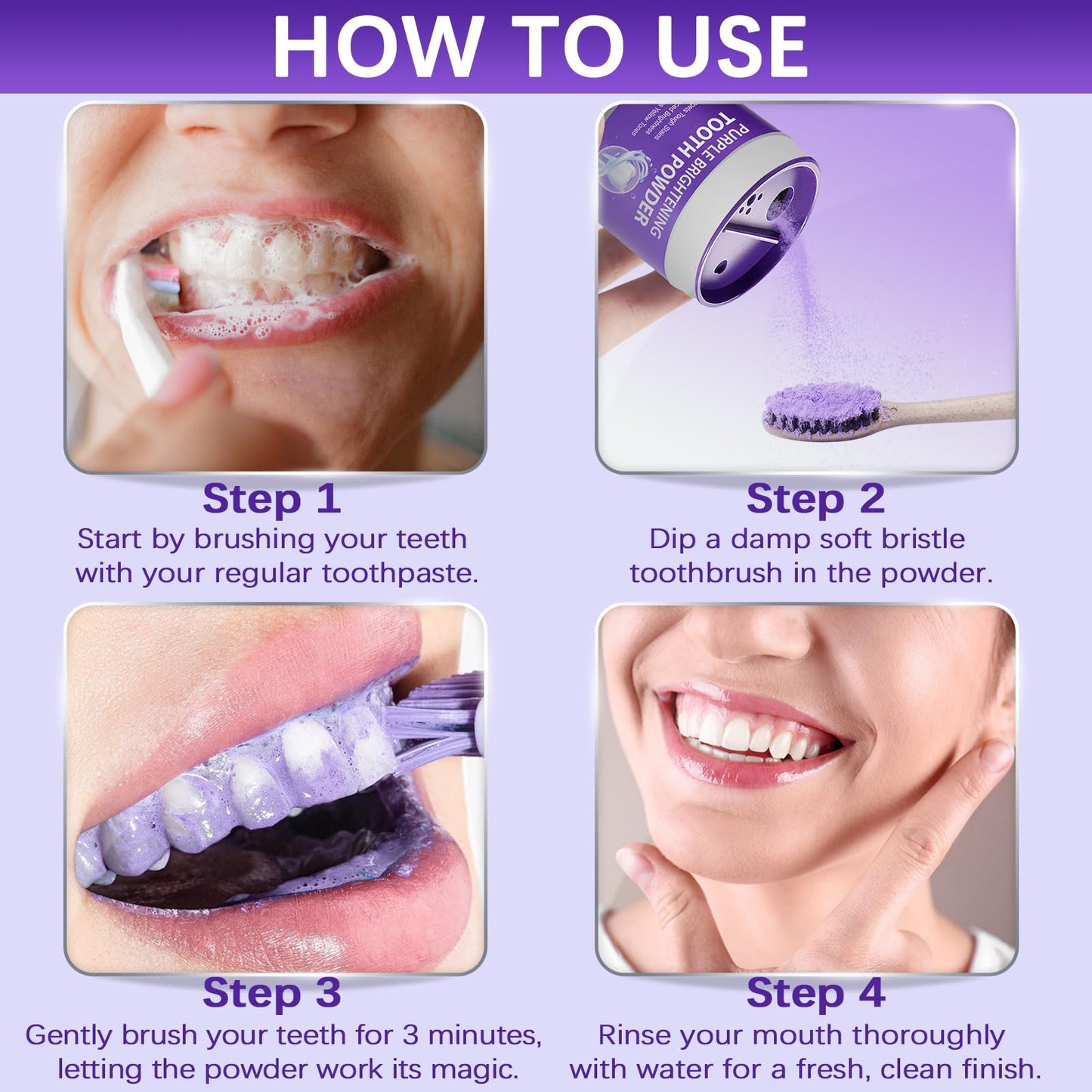 3Pcs Purple Teeth Whitening Powder – Purple Brightening, No Sensitivity, Fresh Mint