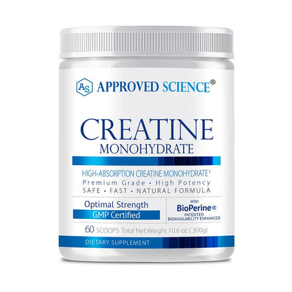 Approved Science Creatine Monohydrate Powder with BioPerine — 60 Servings, 5g/Serving, Unflavored, Non-GMO, Vegan