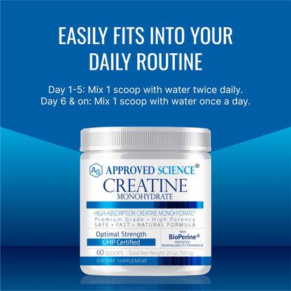 Approved Science Creatine Monohydrate Powder with BioPerine — 60 Servings, 5g/Serving, Unflavored, Non-GMO, Vegan