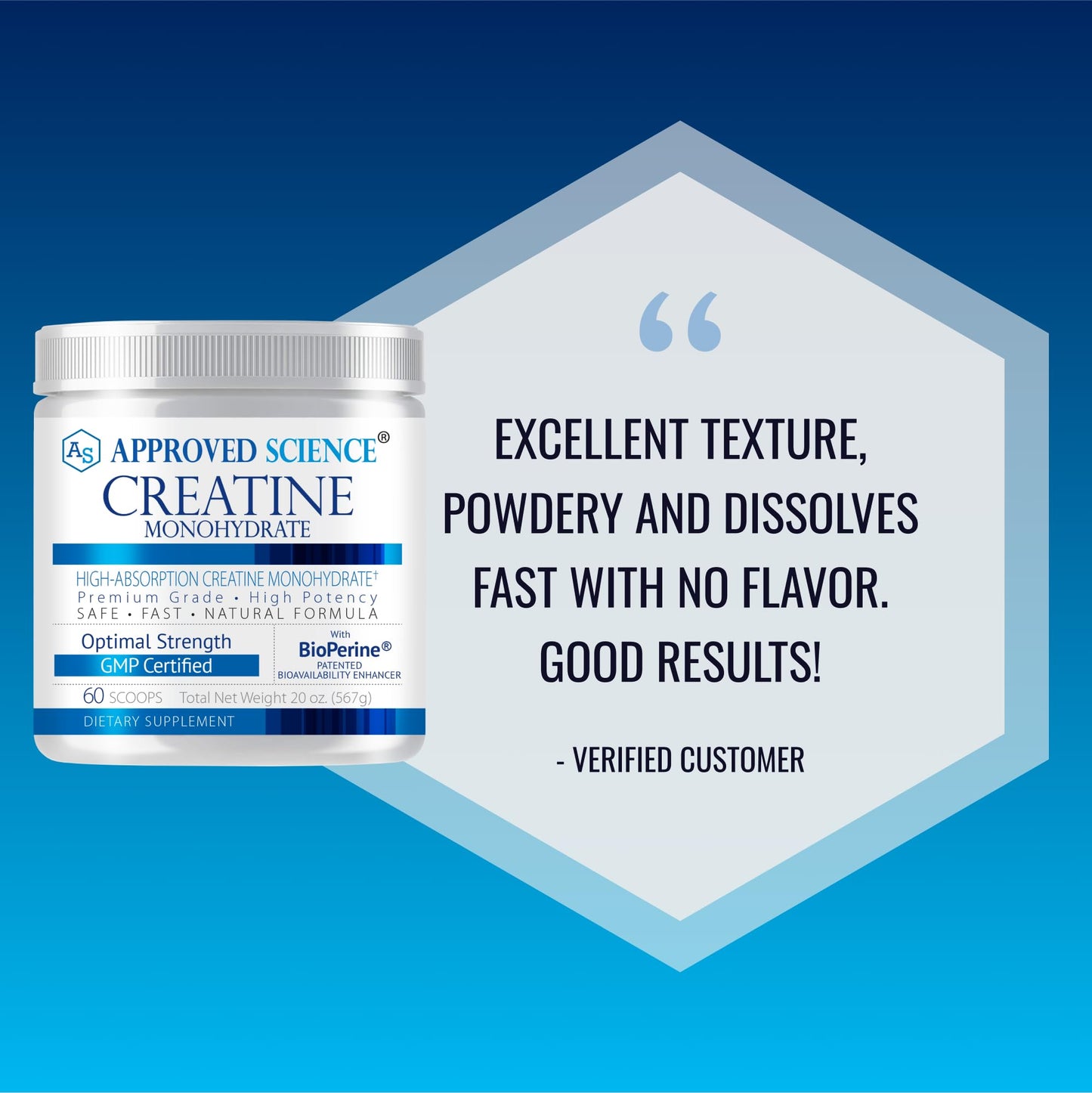 Approved Science Creatine Monohydrate Powder with BioPerine — 60 Servings, 5g/Serving, Unflavored, Non-GMO, Vegan