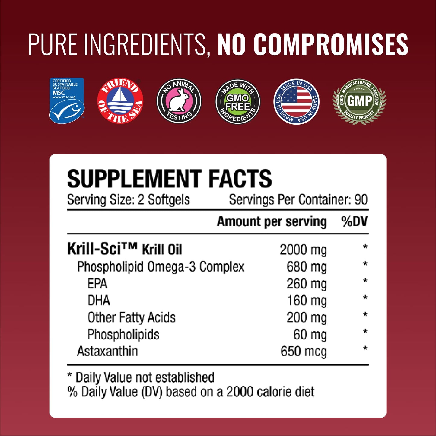 Approved Science Krill Oil - 2000mg Antarctic Krill Oil, 650mcg Astaxanthin, 260mg EPA, 160mg DHA - 180 Softgels