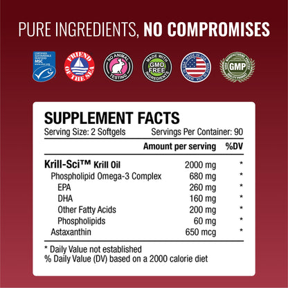 Approved Science Krill Oil - 2000mg Antarctic Krill Oil, 650mcg Astaxanthin, 260mg EPA, 160mg DHA - 180 Softgels