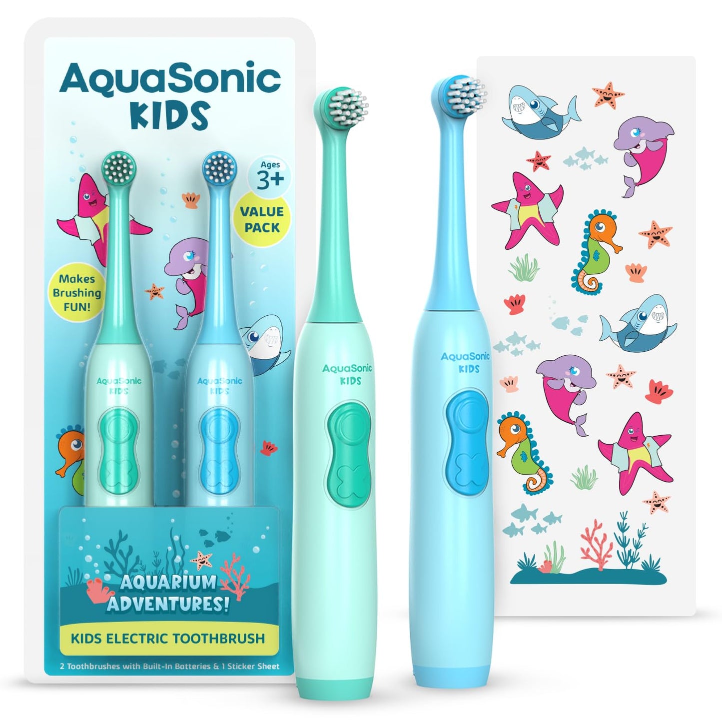 Aquasonic Kids Electric Toothbrush Set – Ages 3+ | Soft Bristles, Oscillating Brush Head, Built-in Battery | Aquarium Adventures