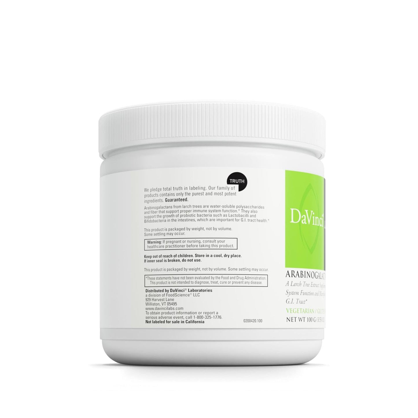 DAVINCI Labs Arabinogalactan Powder – Probiotic Support, Immune & GI Health (100 g, 20 Servings)