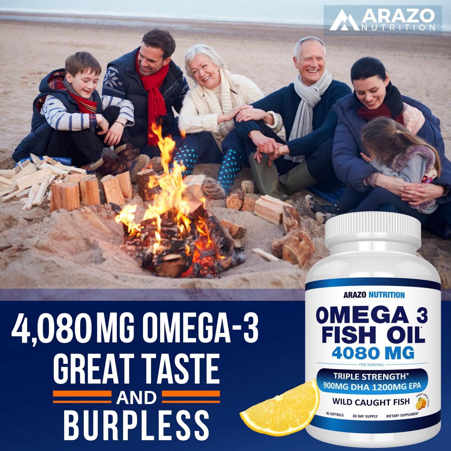 Arazo Nutrition Wild Caught Omega-3 Fish Oil – 90 Soft Gels (4080 mg) Lemon Burpless