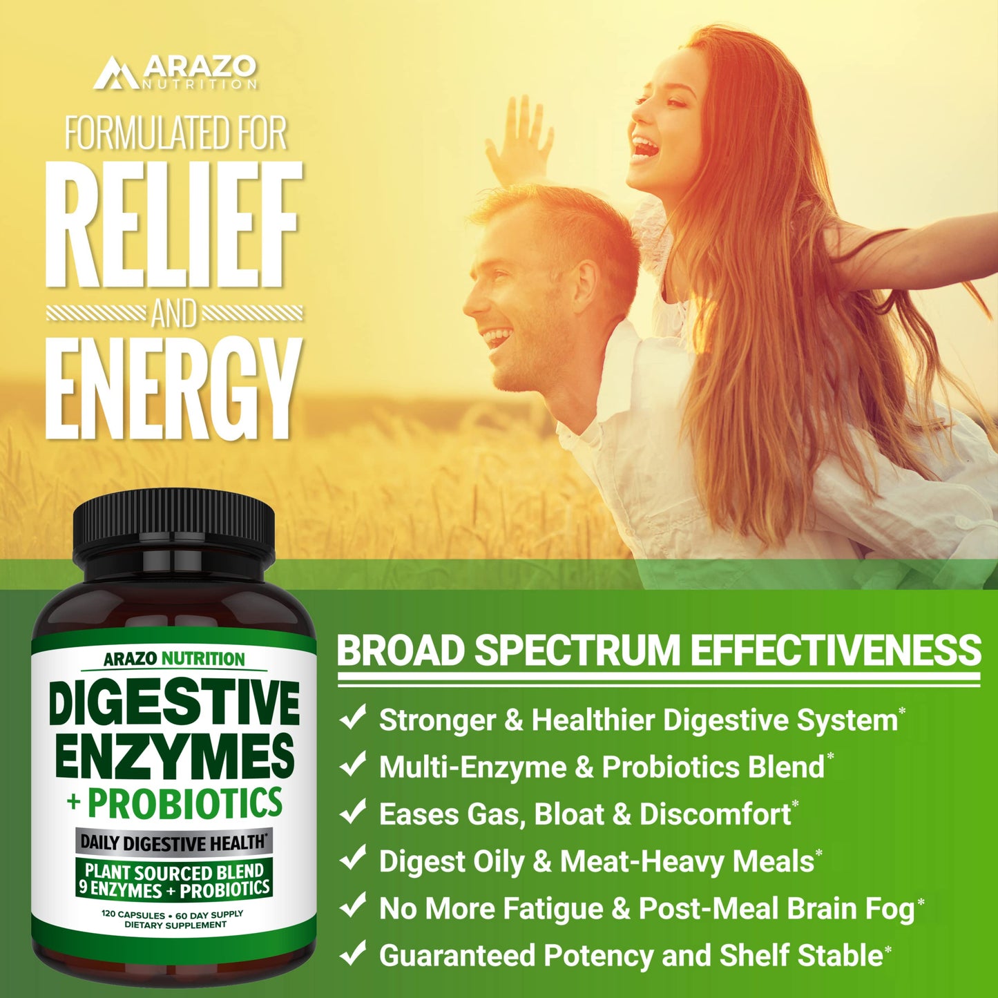 Arazo Nutrition Digestive Enzymes with Probiotics – Multi-Enzyme Digestive Supplement (120 Pills x 2 Pack)