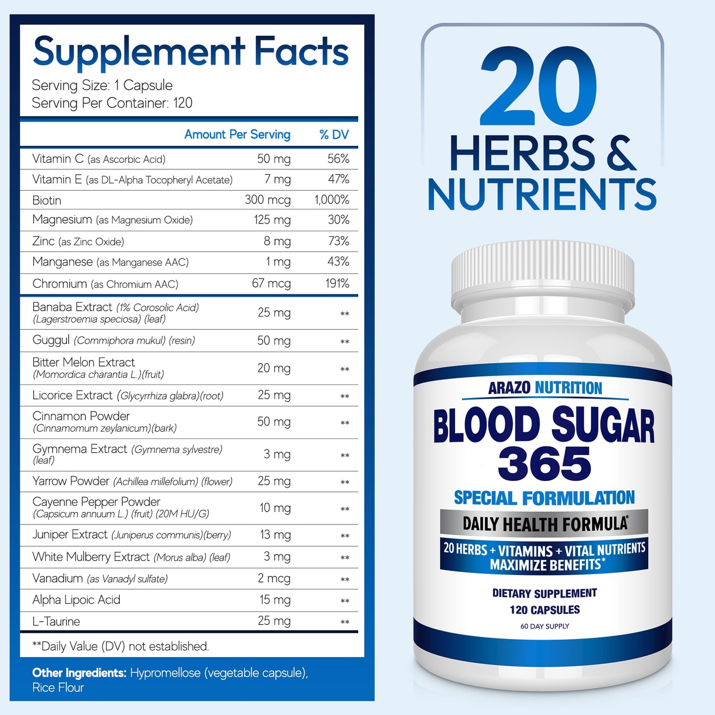 Arazo Nutrition Blood Sugar 365 – 120 Herbal Pills, 60 Day Supply (Pack of 2) – Supports Healthy Energy Levels